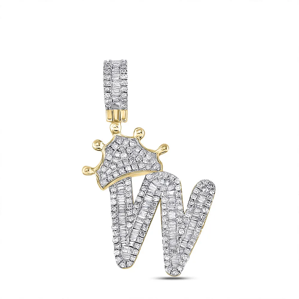 Keene Jewelers 10kt Yellow Gold Mens Baguette Diamond Crown W Letter Charm Pendant 7/8 Cttw