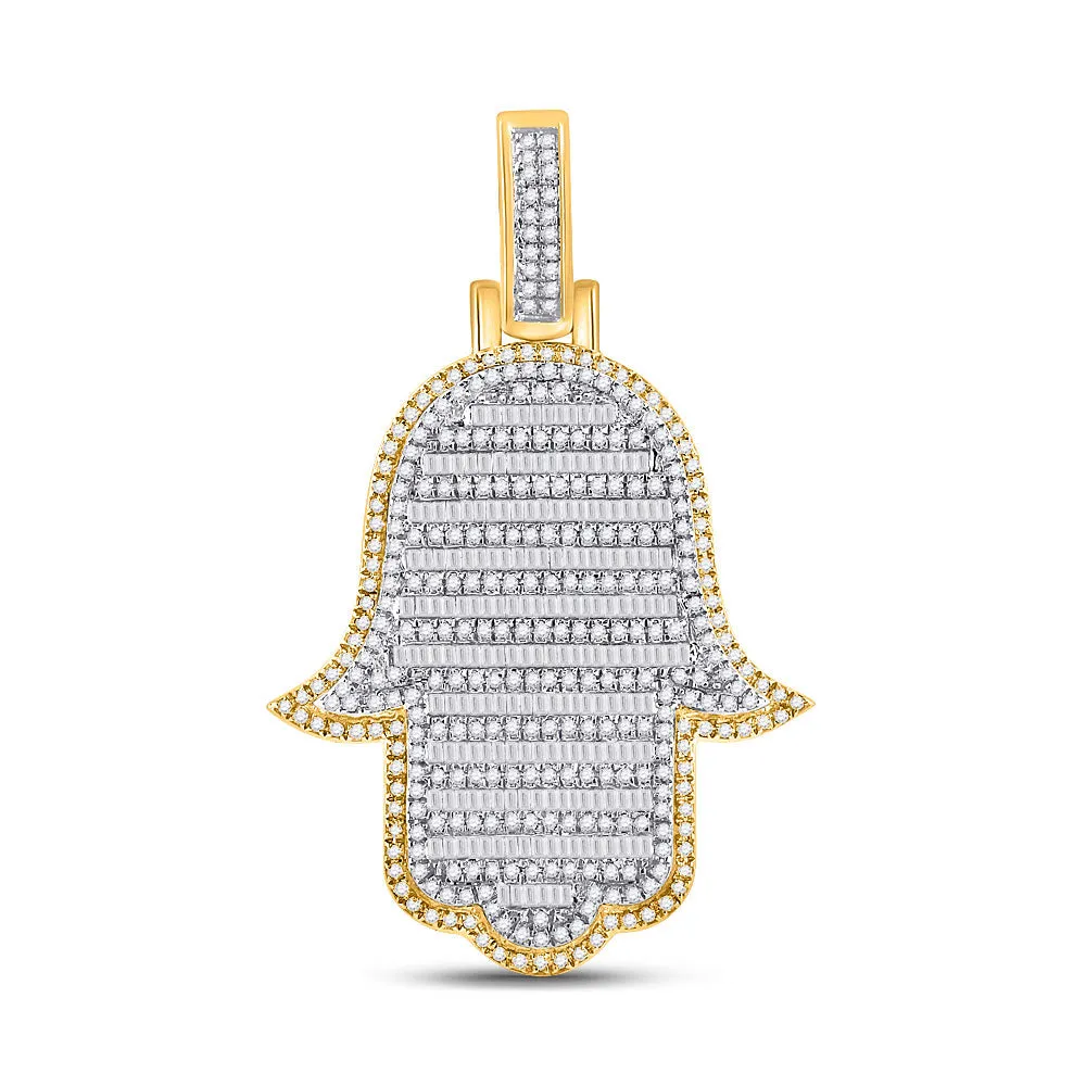 Keene Jewelers 10kt Yellow Gold Mens Baguette Diamond Hamsa Hand Charm Pendant 2 Cttw