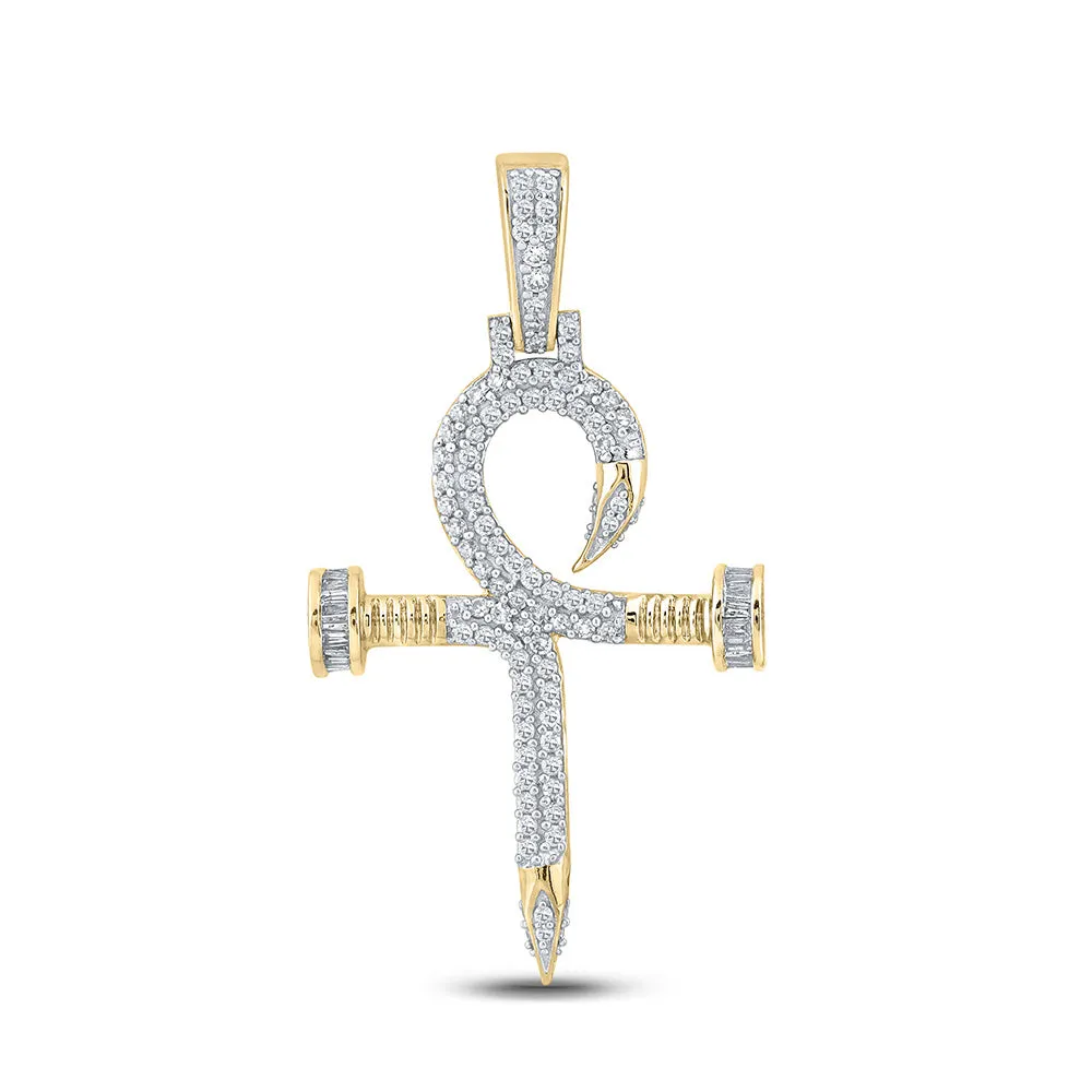 Keene Jewelers 10kt Yellow Gold Mens Baguette Diamond Nail Cross Ankh Charm Pendant 7/8 Cttw