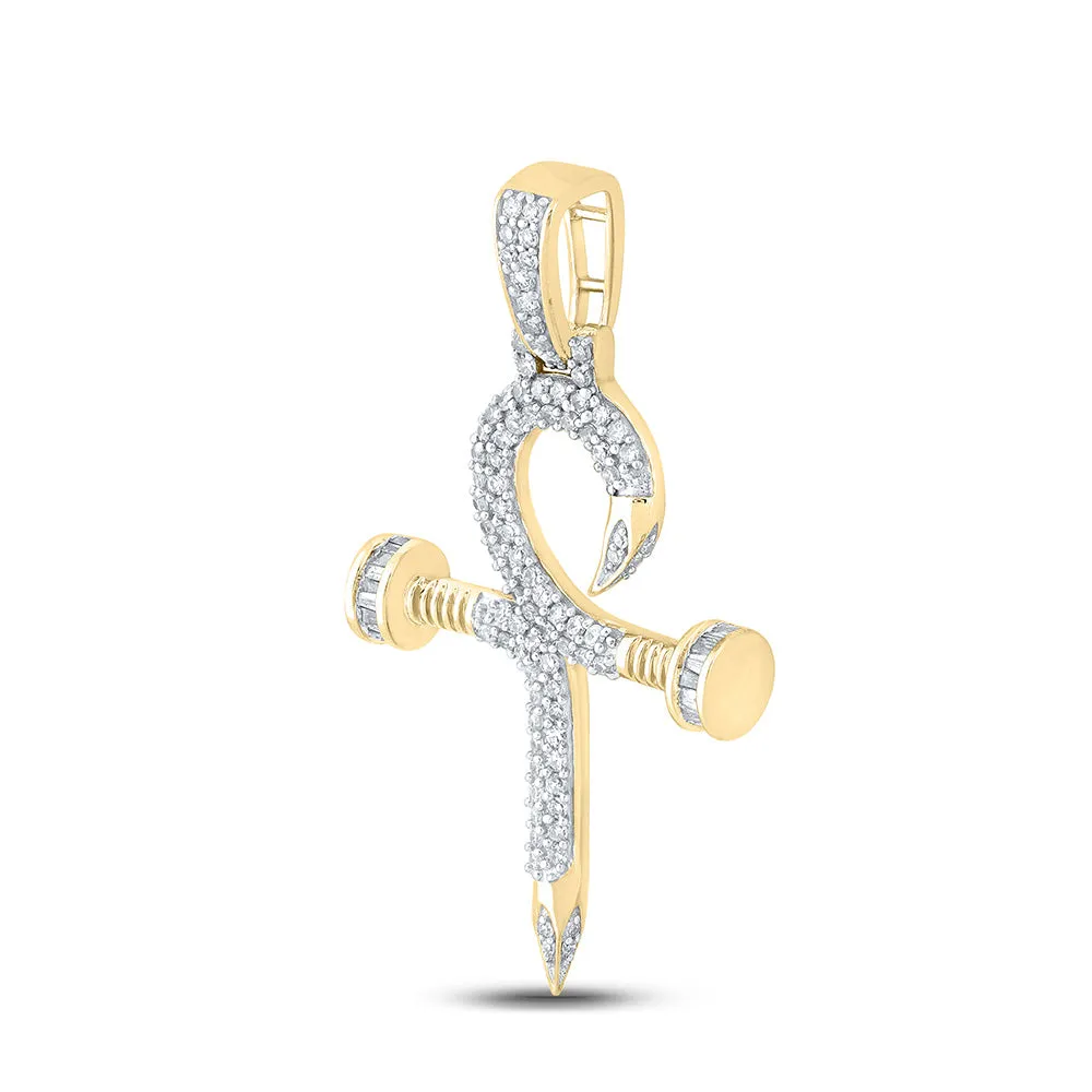 Keene Jewelers 10kt Yellow Gold Mens Baguette Diamond Nail Cross Ankh Charm Pendant 7/8 Cttw