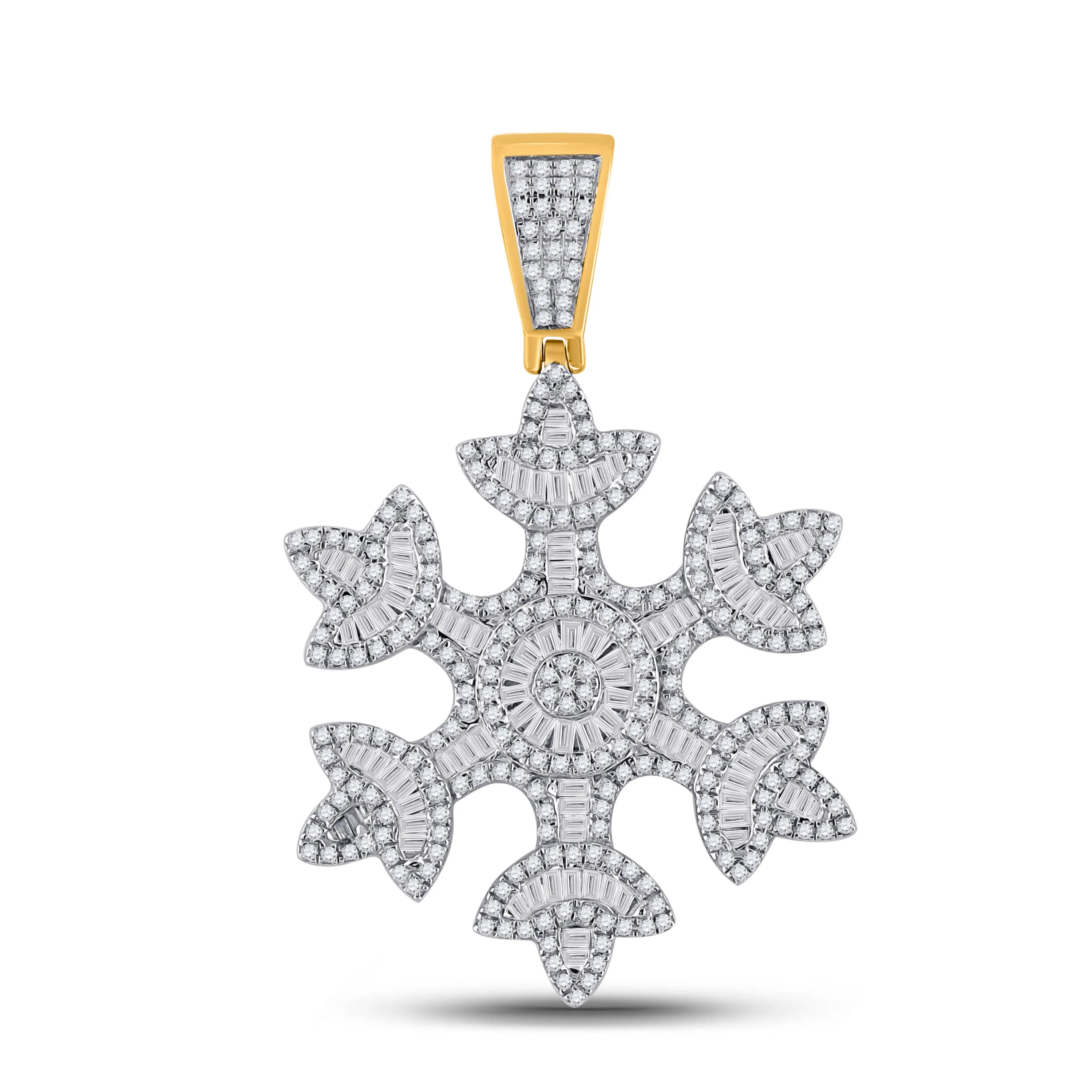 Keene Jewelers 10kt Yellow Gold Mens Baguette Diamond Snowflake Charm Pendant 1-5/8 Cttw