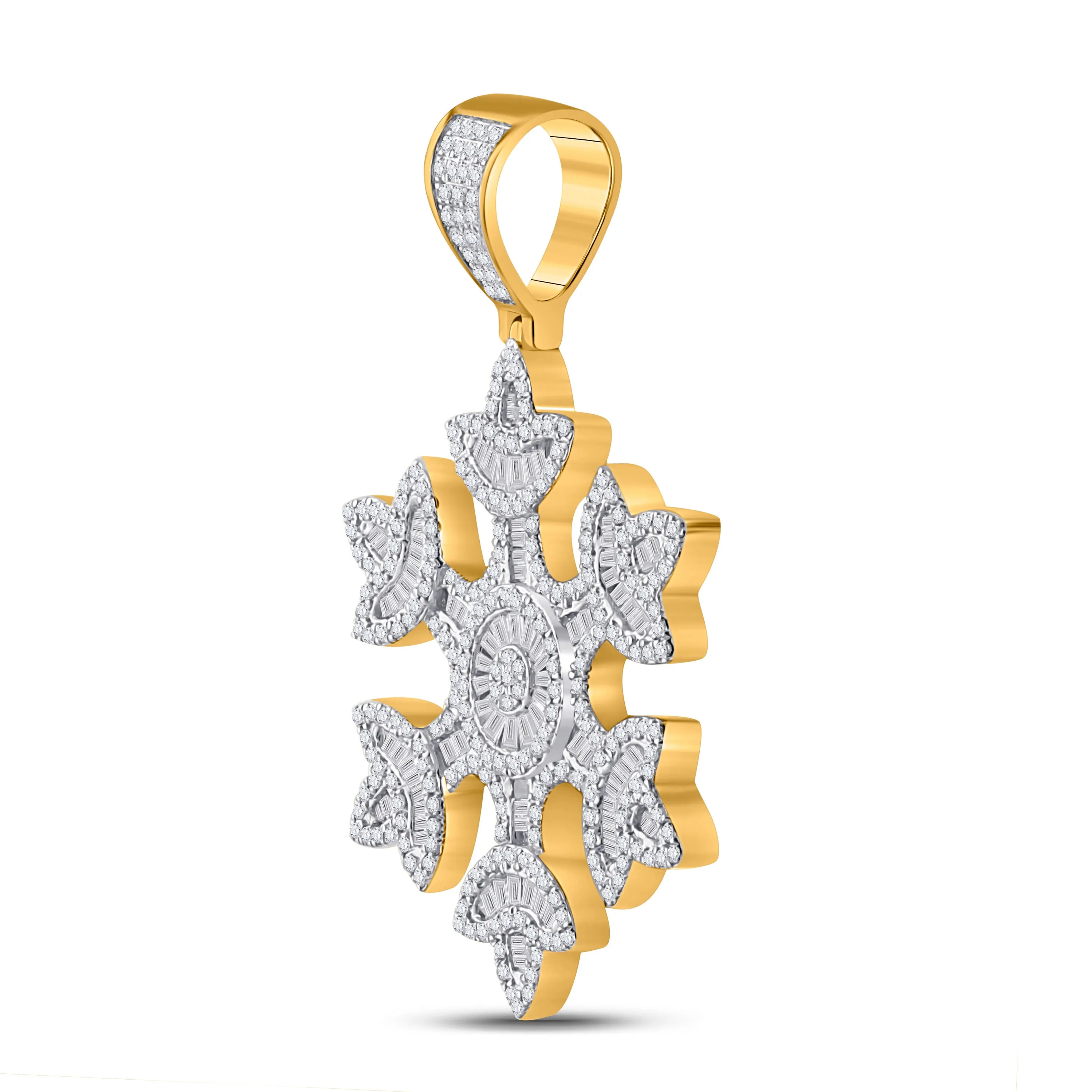 Keene Jewelers 10kt Yellow Gold Mens Baguette Diamond Snowflake Charm Pendant 1-5/8 Cttw