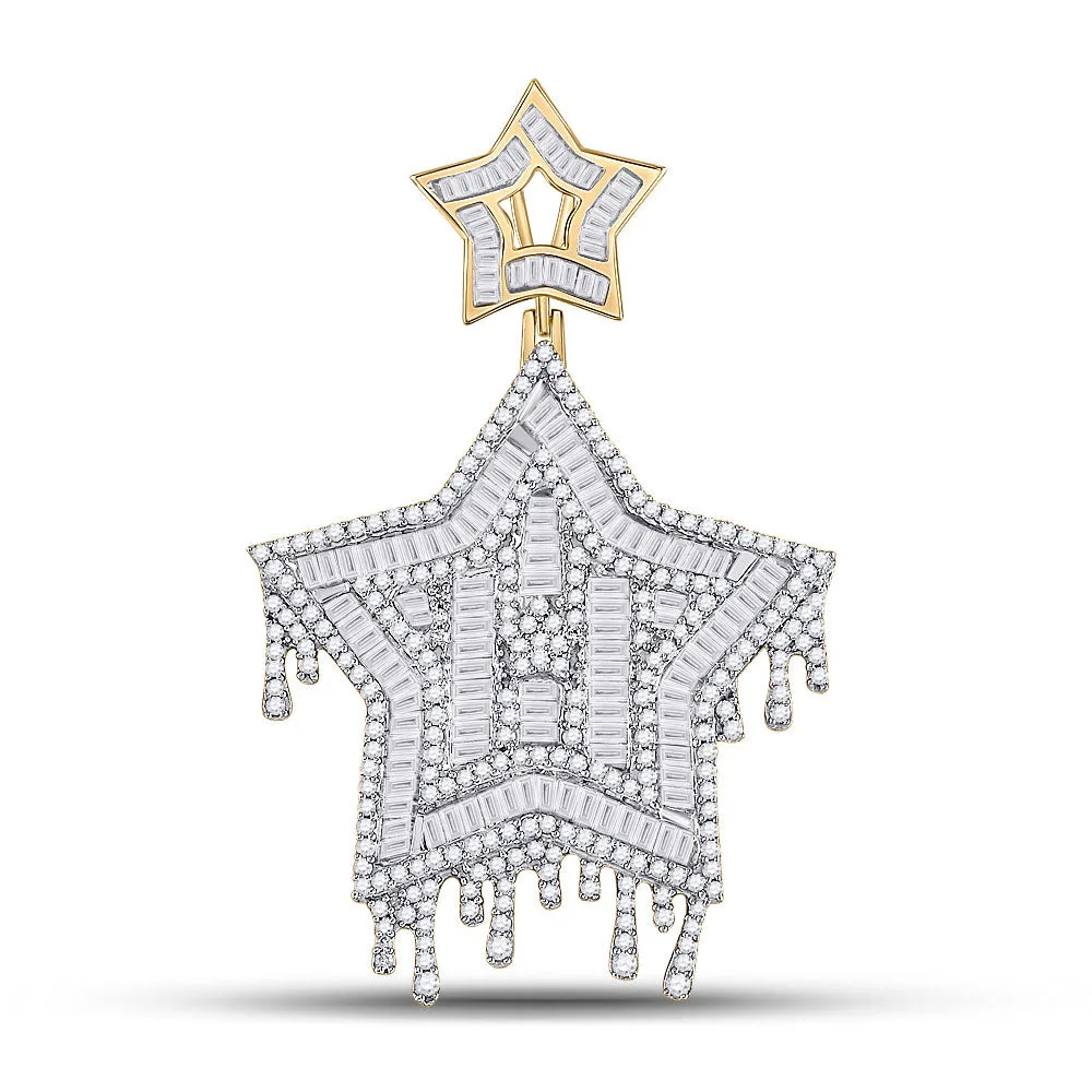 Keene Jewelers 10kt Yellow Gold Mens Baguette Diamond Star Dripping Charm Pendant 2-3/4 Cttw