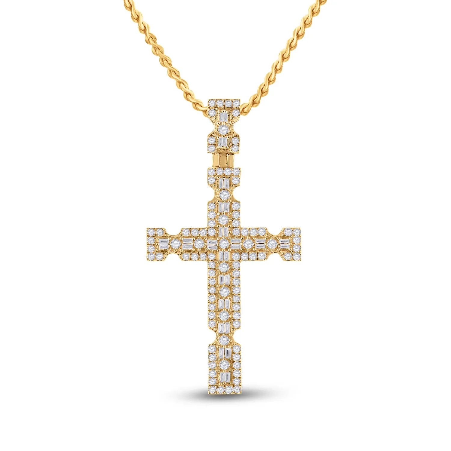 Keene Jewelers 14kt Yellow Gold Mens Baguette Diamond Cross Charm Pendant 1-3/8 Cttw