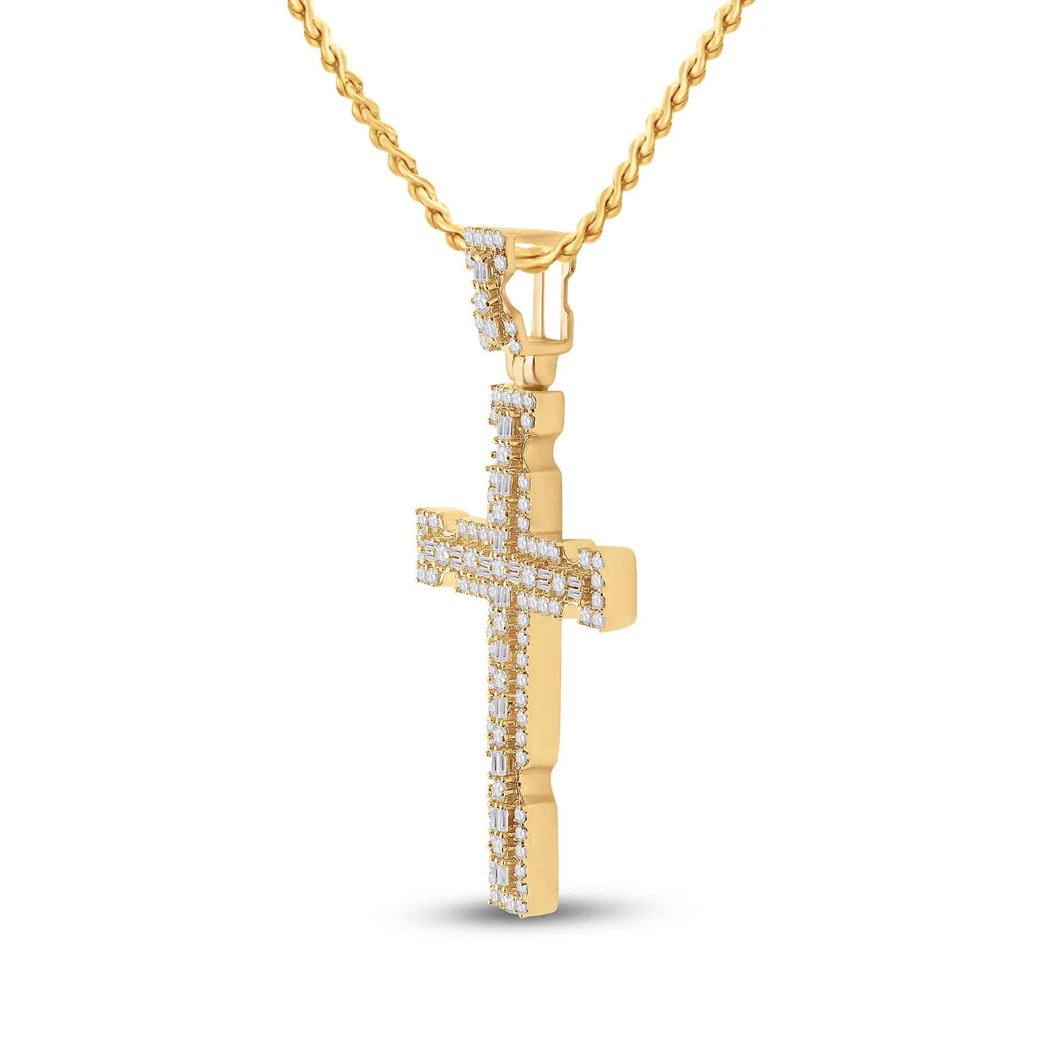 Keene Jewelers 14kt Yellow Gold Mens Baguette Diamond Cross Charm Pendant 1-3/8 Cttw