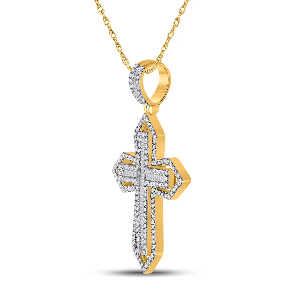 Keene Jewelers 14kt Yellow Gold Mens Baguette Diamond Cross Charm Pendant 7/8 Cttw