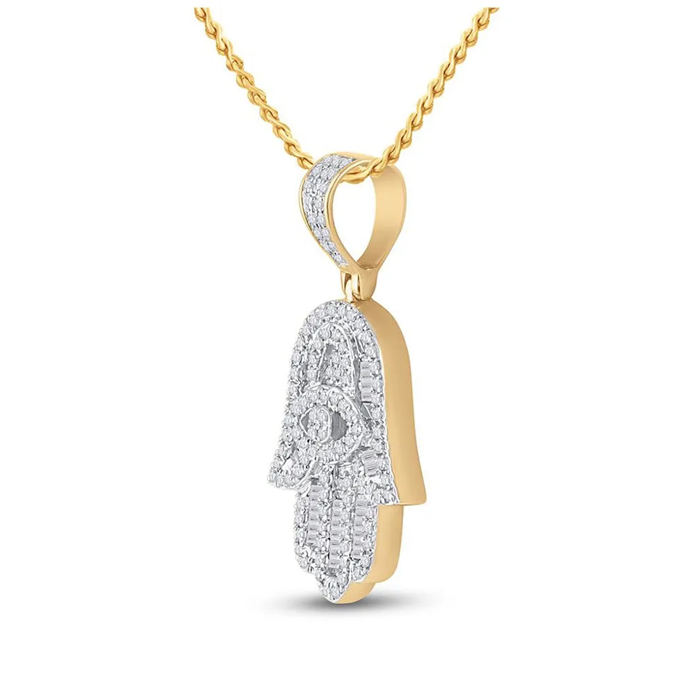 Keene Jewelers 14kt Yellow Gold Mens Baguette Diamond Hamsa Hand Charm Pendant 1/2 Cttw