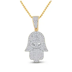 Keene Jewelers 14kt Yellow Gold Mens Baguette Diamond Hamsa Hand Charm Pendant 1/2 Cttw