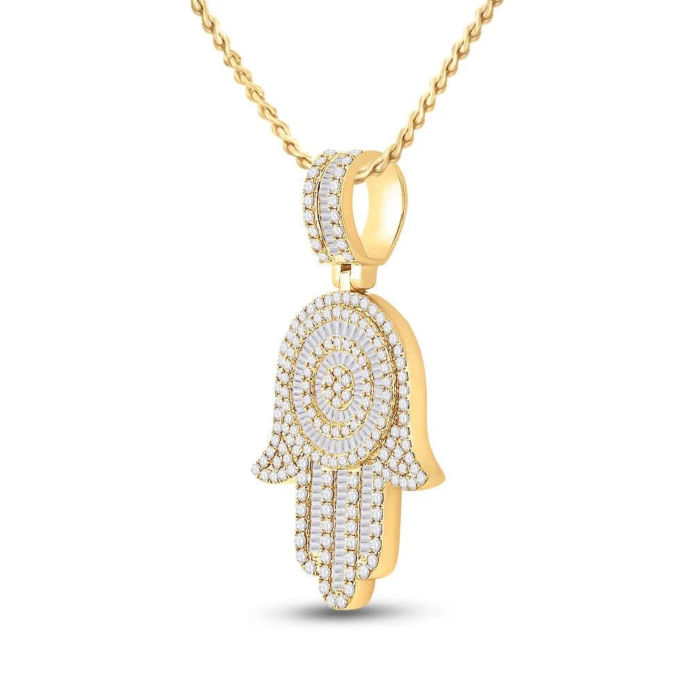 Keene Jewelers 14kt Yellow Gold Mens Baguette Diamond Hamsa Hand Charm Pendant 3 Cttw