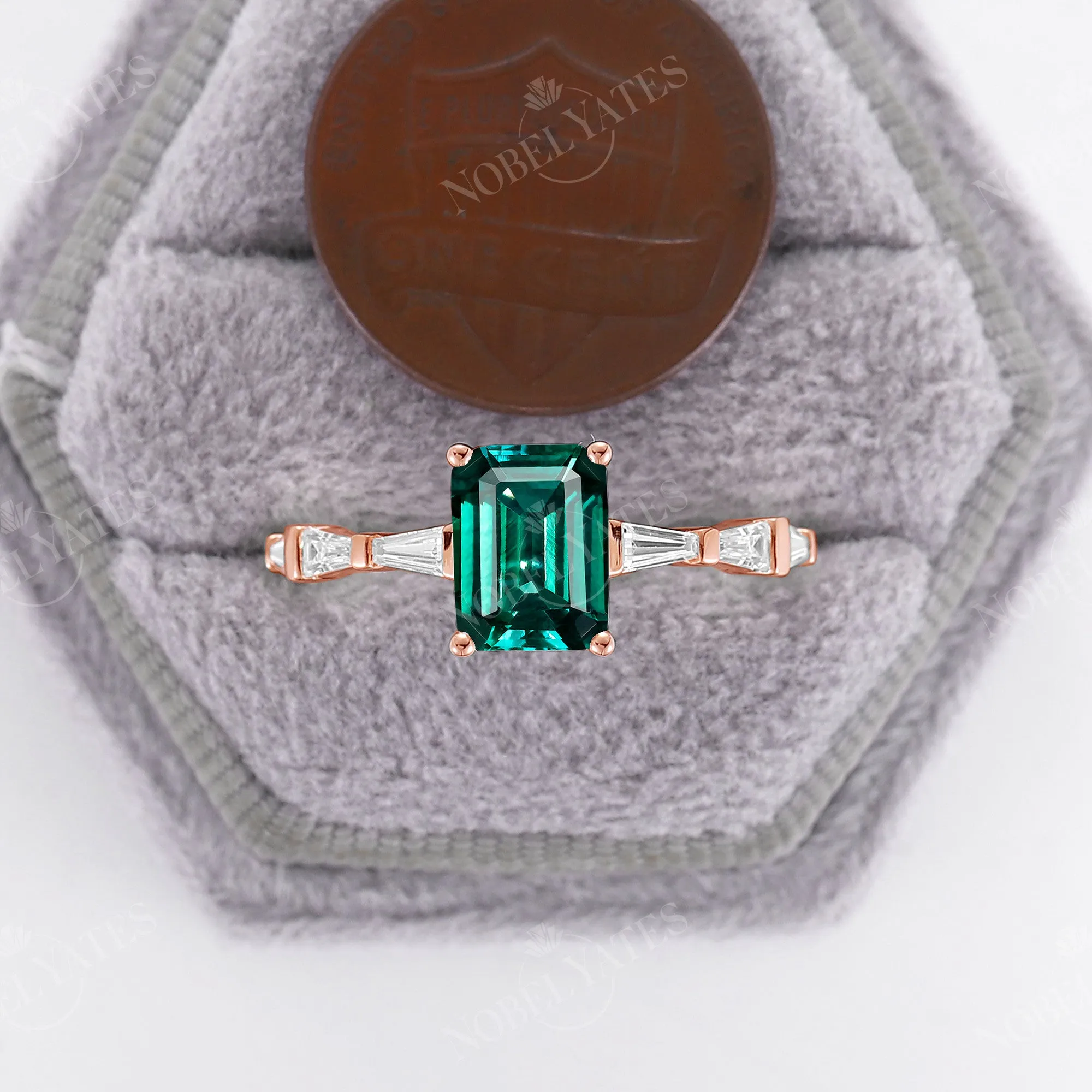 Lab Emerald Baguette Side Stone Rose Gold Engagement Ring