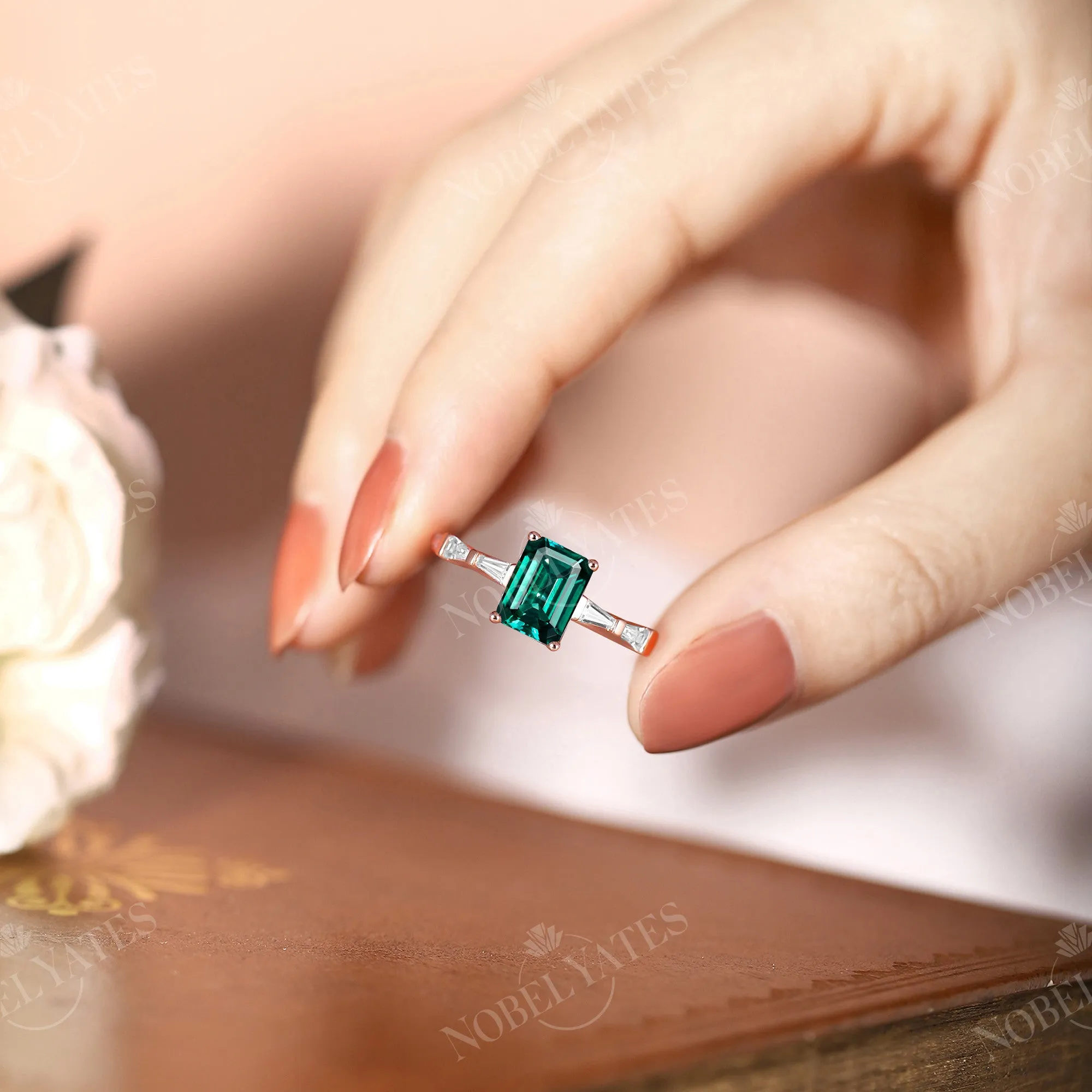 Lab Emerald Baguette Side Stone Rose Gold Engagement Ring