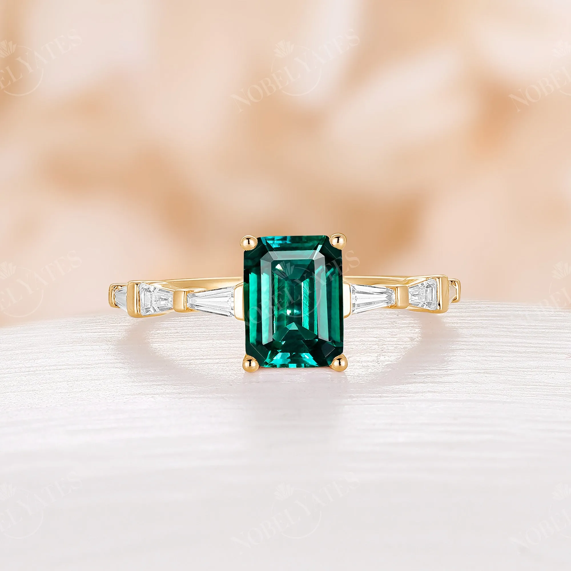 Lab Emerald Baguette Side Stone Rose Gold Engagement Ring