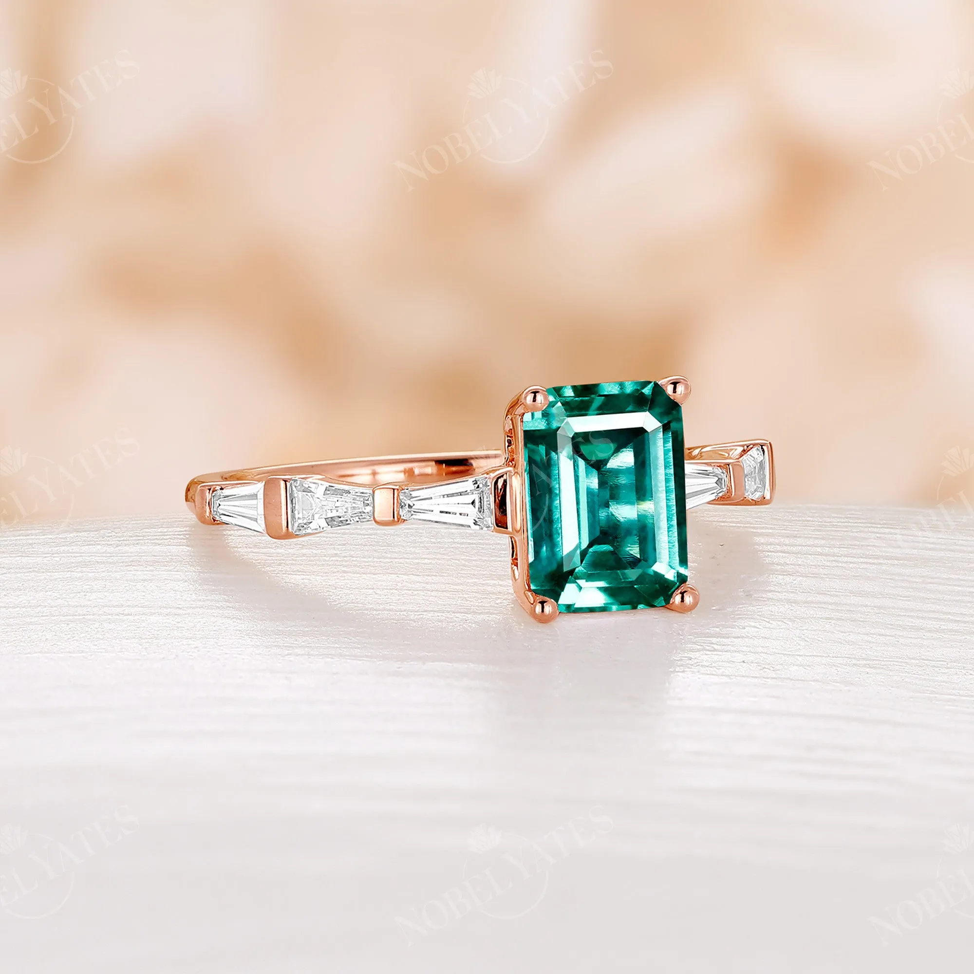 Lab Emerald Baguette Side Stone Rose Gold Engagement Ring