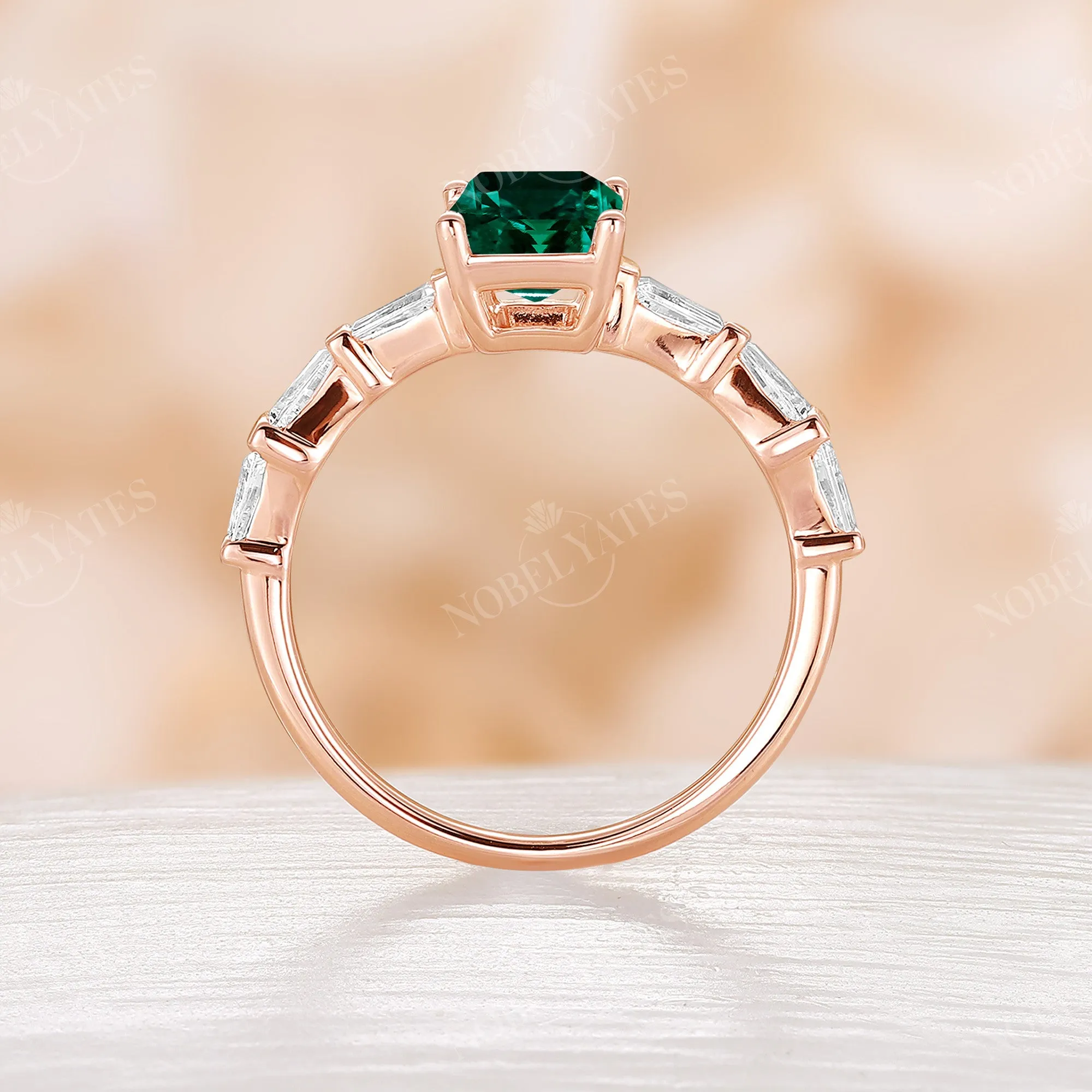 Lab Emerald Baguette Side Stone Rose Gold Engagement Ring