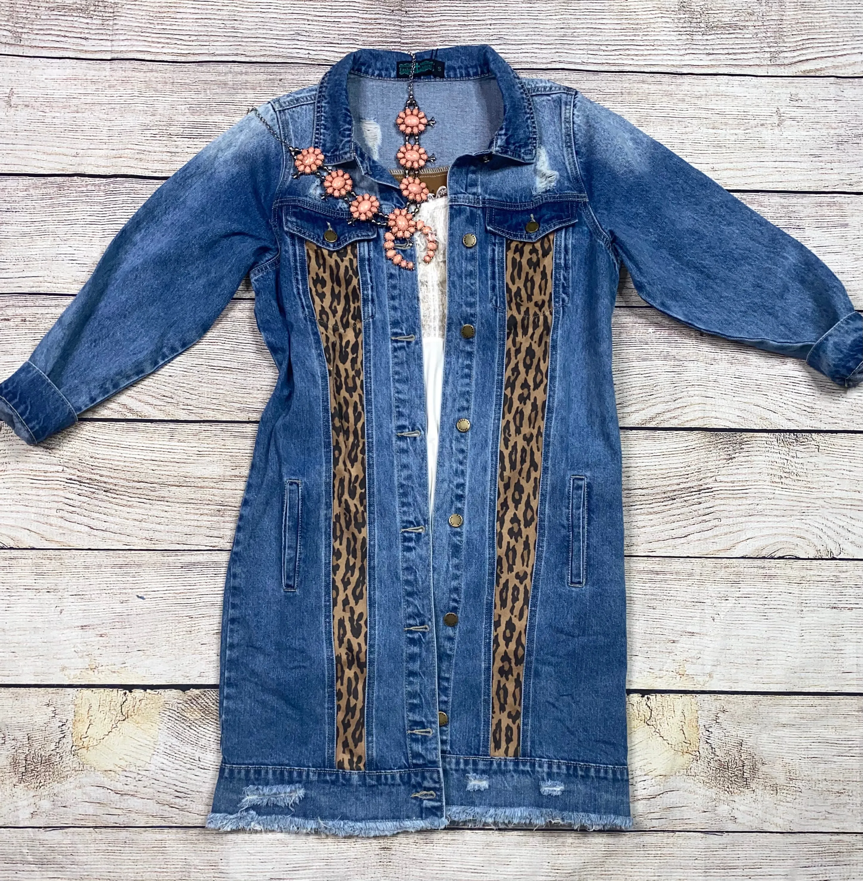 leopard  Long jean jacket