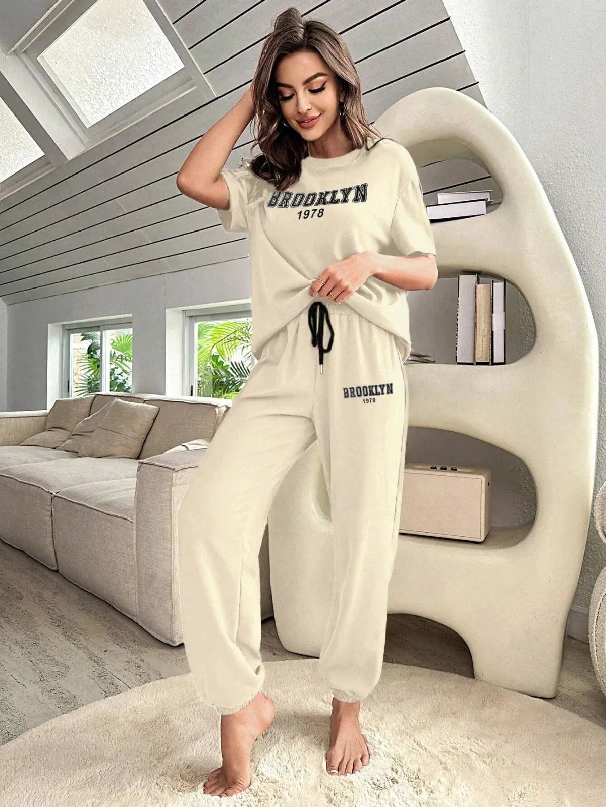 LETTER GRAPHIC DROP SHOULDER TEE & DRAWSTRING WAIST PANT