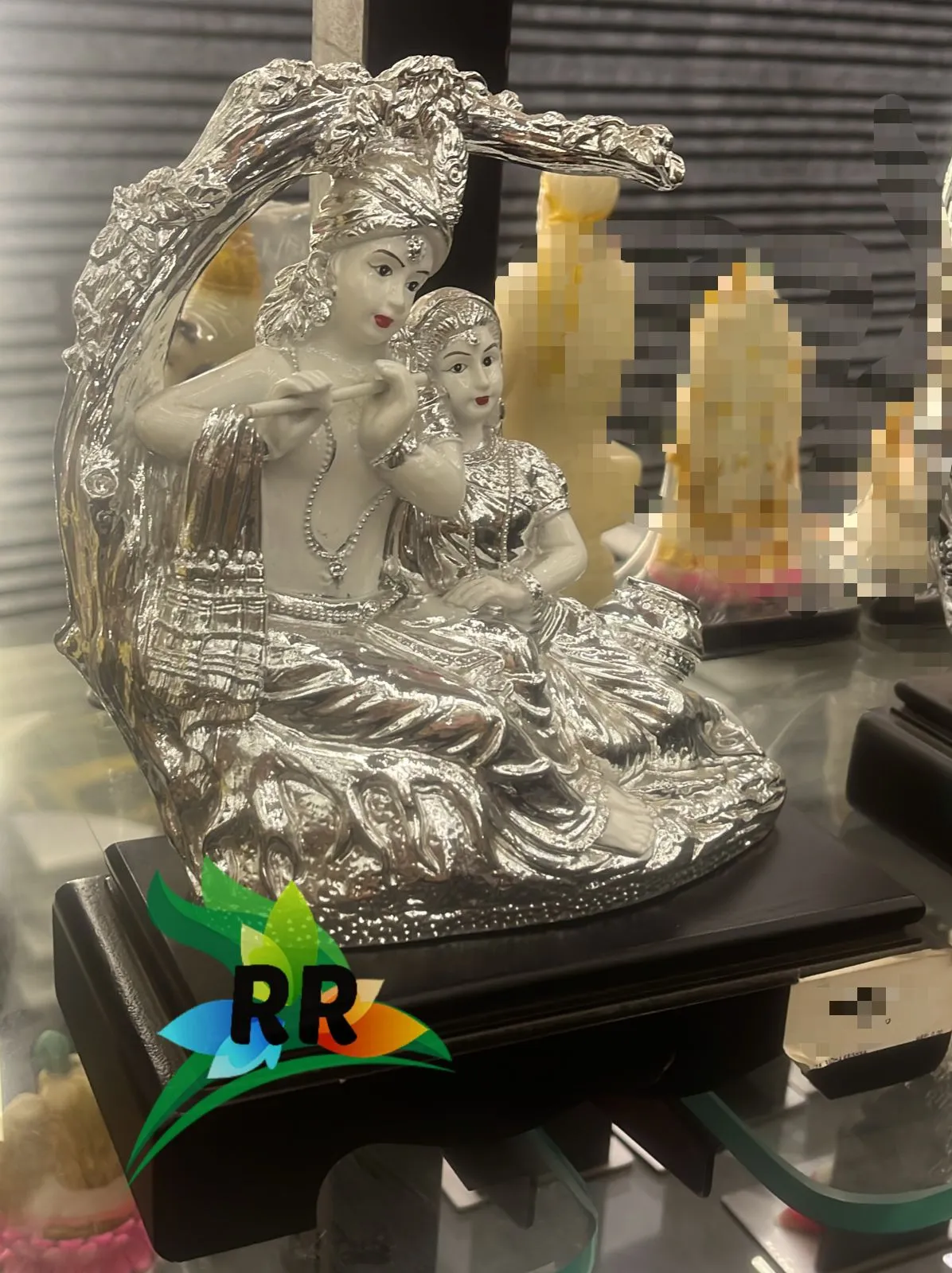 Lovely crafted Radha Krishna sitting under the tree figurine with wooden base decor-ANUB001RKS