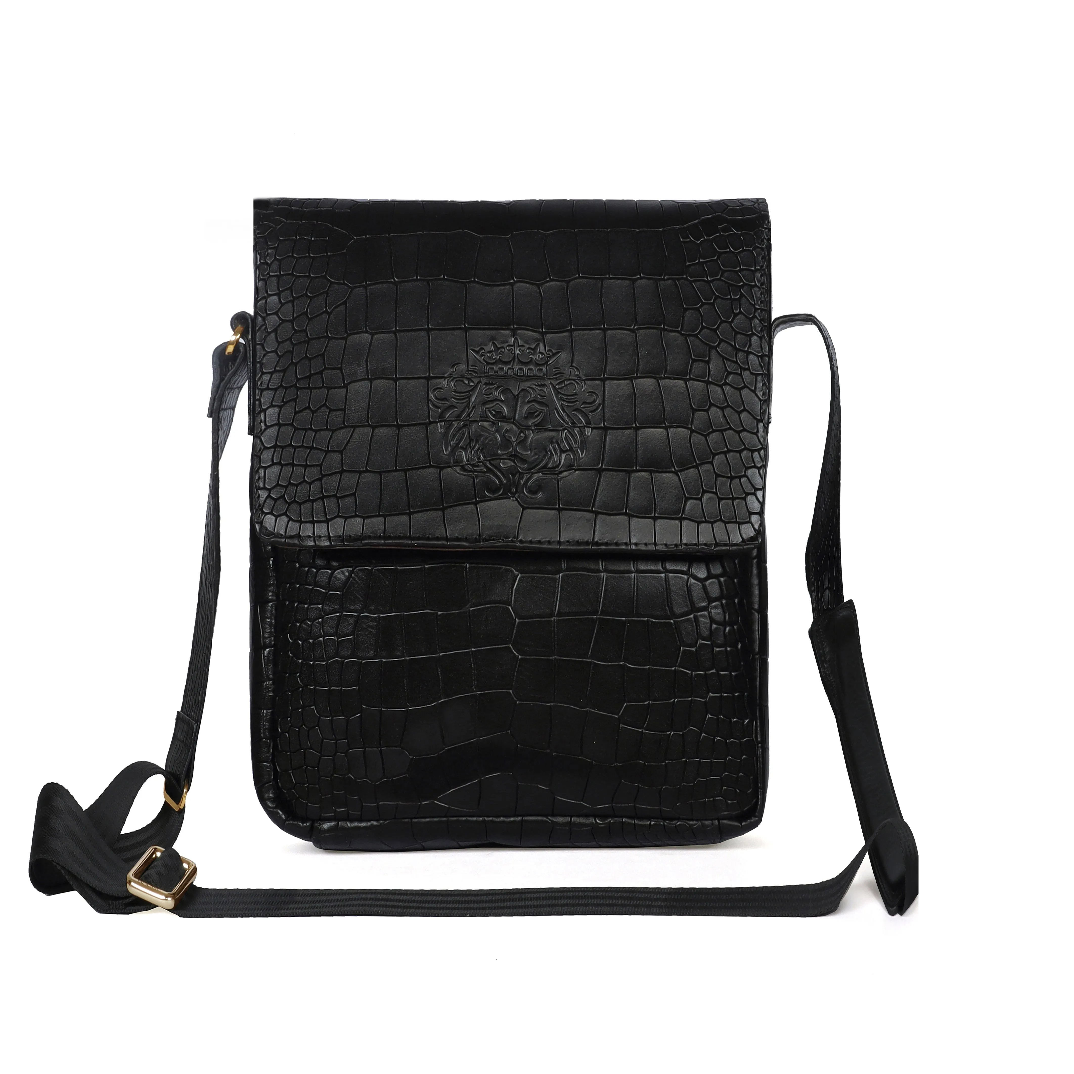 Luxurious Flap Sling Bag in Black Deep Cut Leather