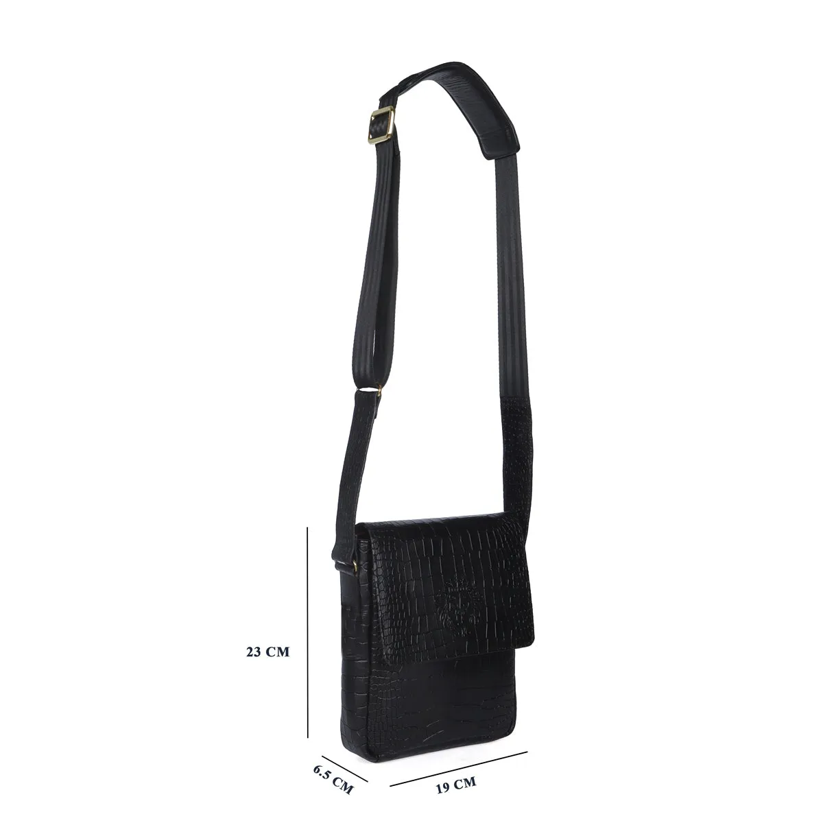 Luxurious Flap Sling Bag in Black Deep Cut Leather