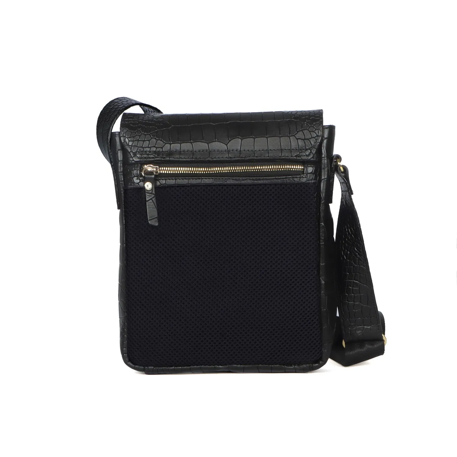 Luxurious Flap Sling Bag in Black Deep Cut Leather