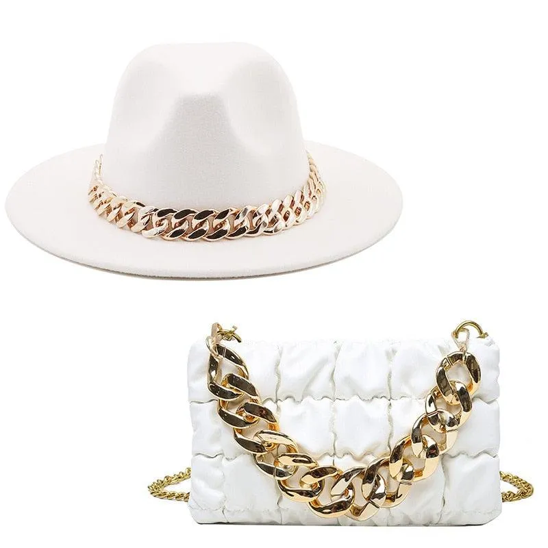 Luxury Fedora Hat And Oversized Chain Handbag