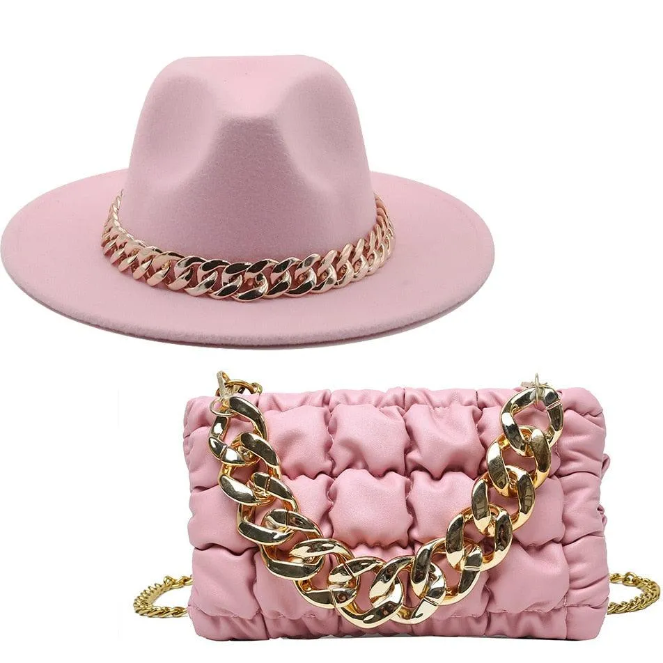 Luxury Fedora Hat And Oversized Chain Handbag