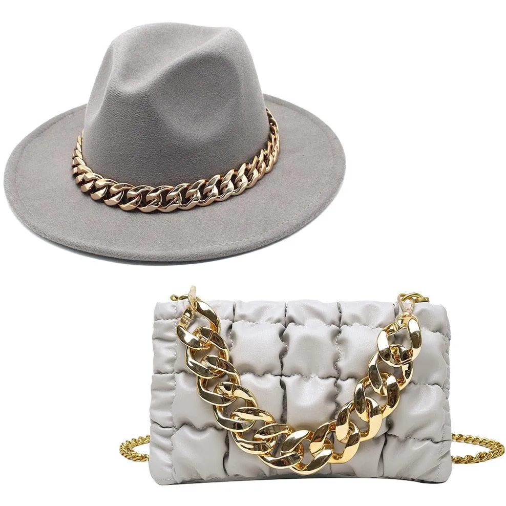 Luxury Fedora Hat And Oversized Chain Handbag