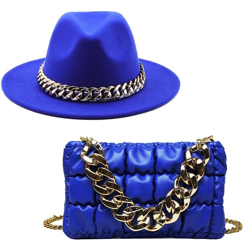 Luxury Fedora Hat And Oversized Chain Handbag