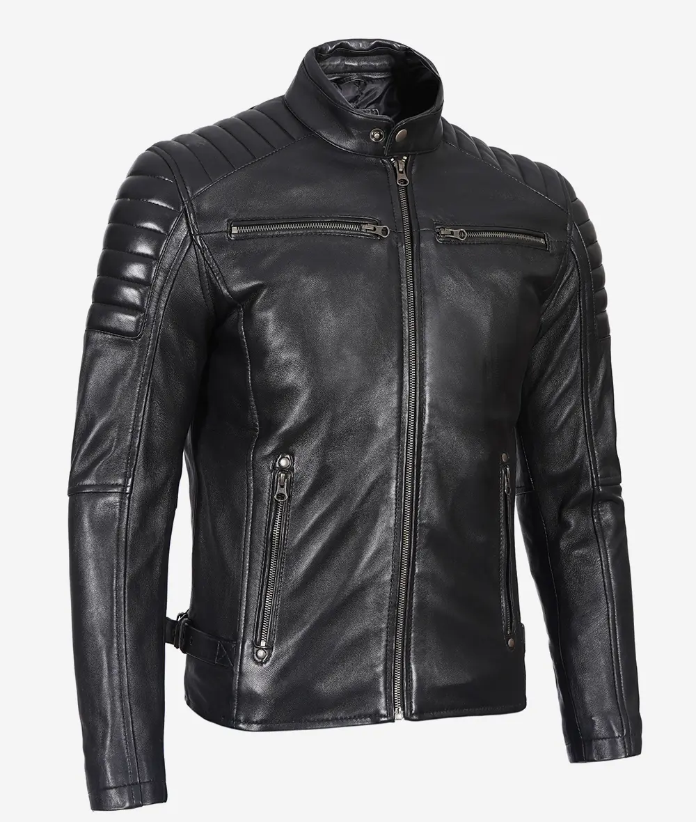 Men's Black Café Racer Leather Jacket with Padded Shoulders