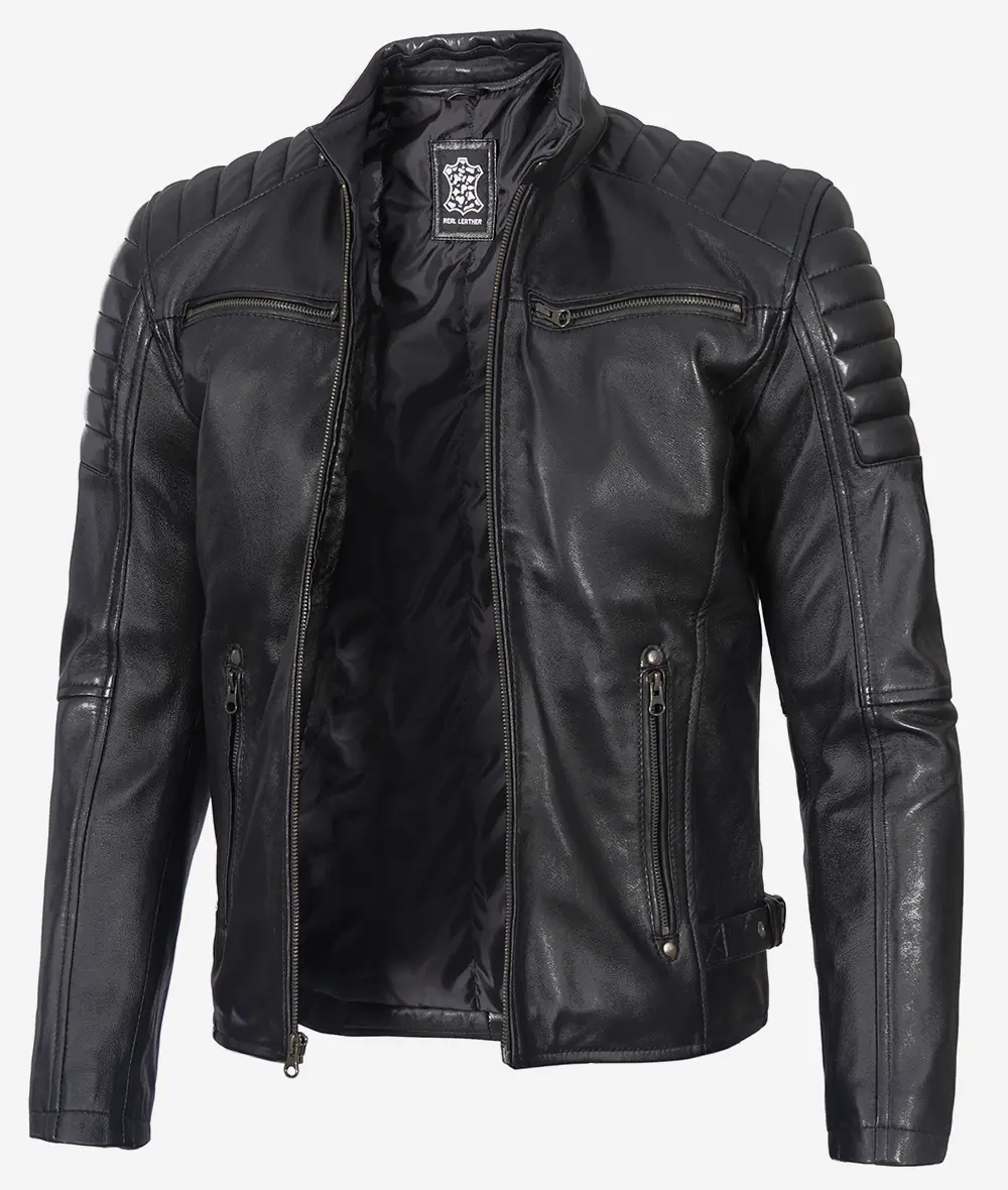 Men's Black Café Racer Leather Jacket with Padded Shoulders