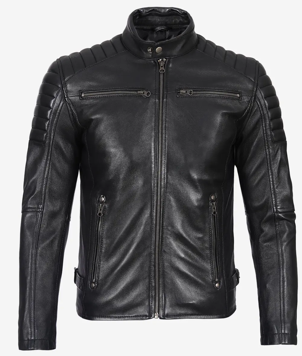 Men's Black Café Racer Leather Jacket with Padded Shoulders