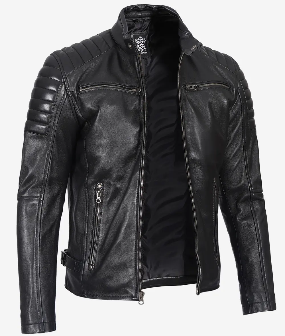 Men's Black Café Racer Leather Jacket with Padded Shoulders