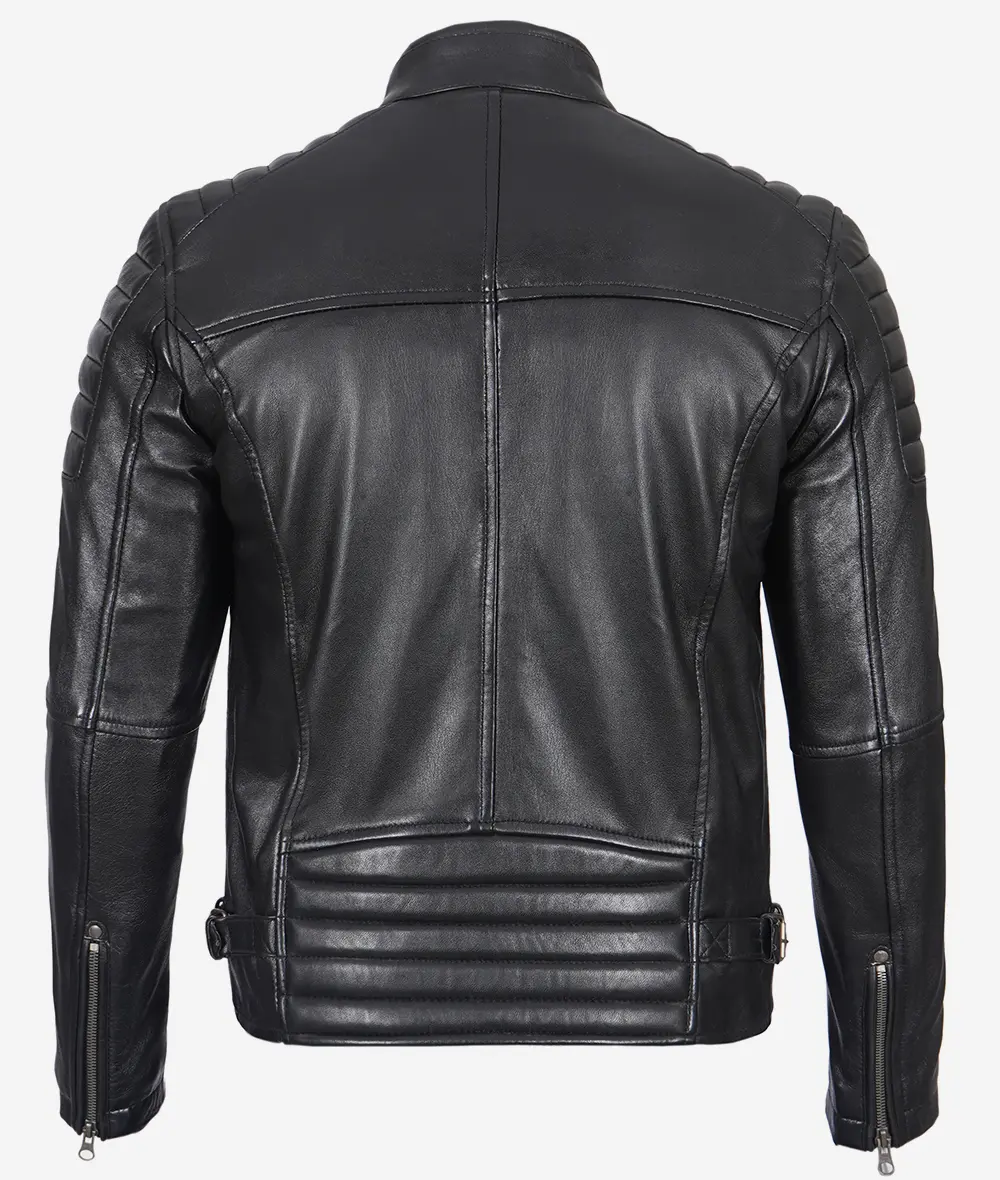 Men's Black Café Racer Leather Jacket with Padded Shoulders