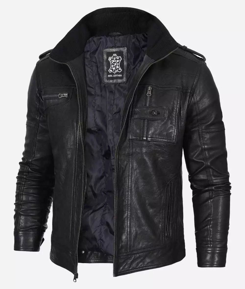 Men's Black Washed Leather Biker Jacket 