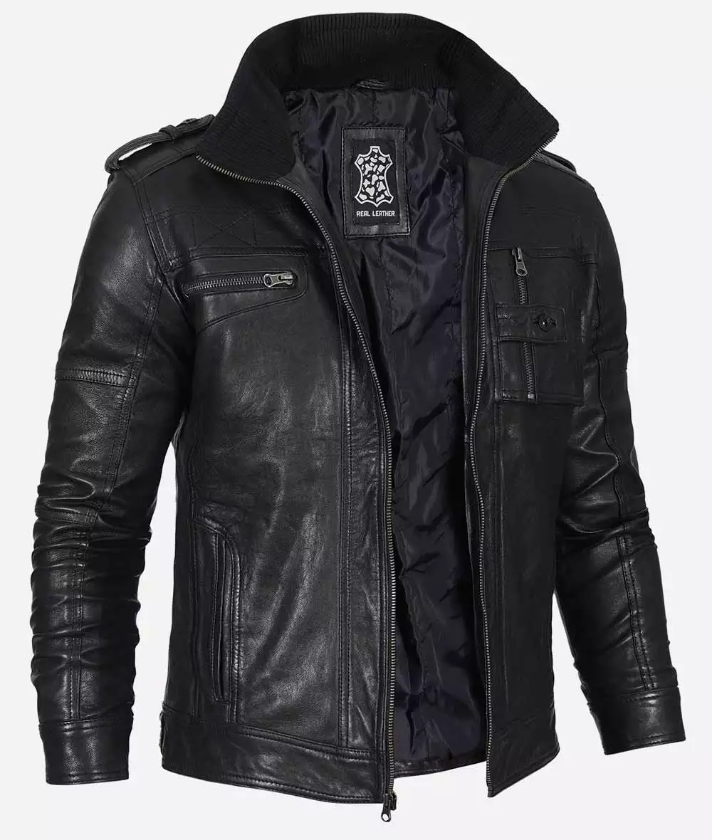 Men's Black Washed Leather Biker Jacket 