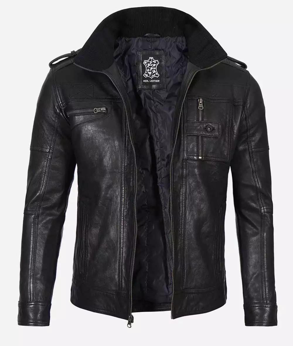 Men's Black Washed Leather Biker Jacket 