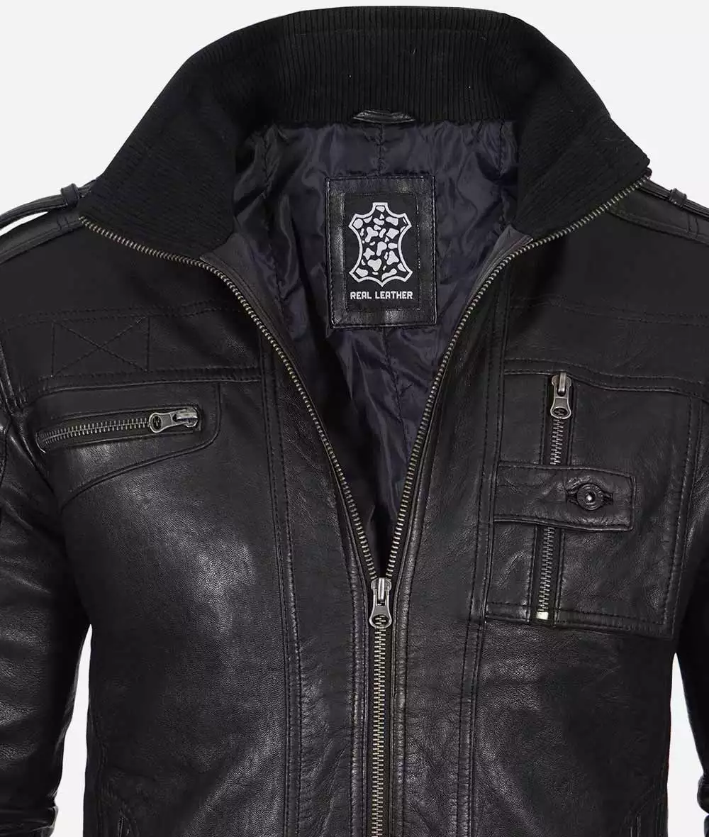 Men's Black Washed Leather Biker Jacket 