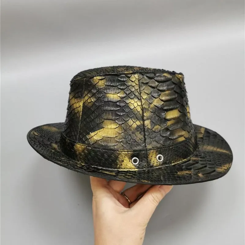 Men's Authentic Exotic Leather Stage Performance Derby Bowler Hat