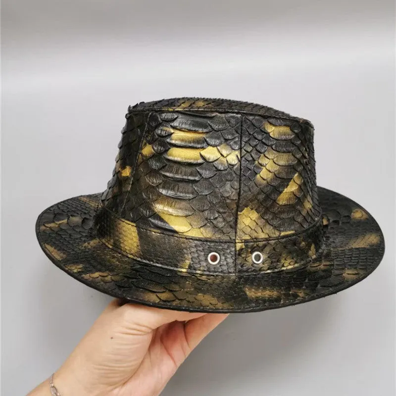 Men's Authentic Exotic Leather Stage Performance Derby Bowler Hat