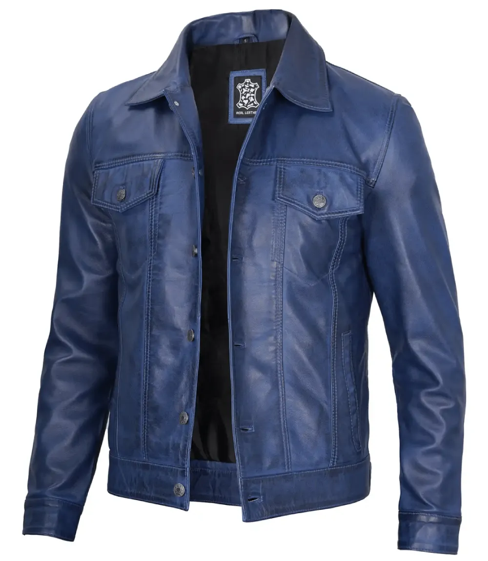 Mens Real Lambskin Leather Blue Trucker Jacket