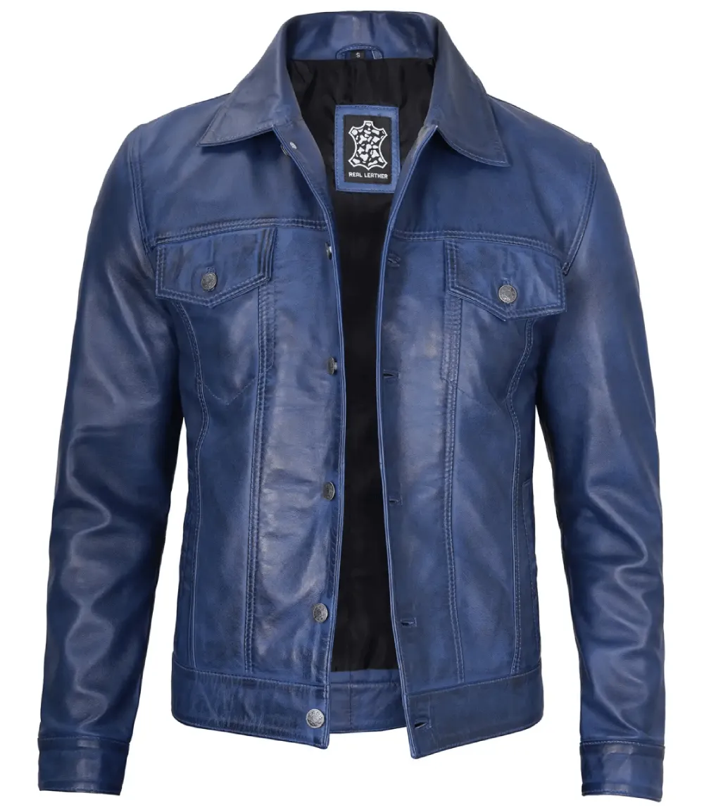 Mens Real Lambskin Leather Blue Trucker Jacket