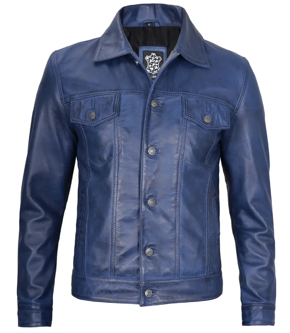 Mens Real Lambskin Leather Blue Trucker Jacket