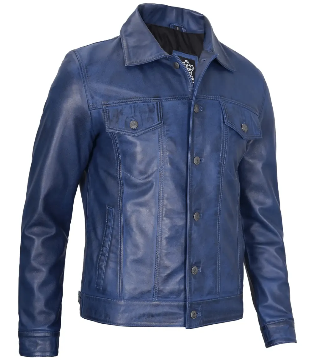 Mens Real Lambskin Leather Blue Trucker Jacket