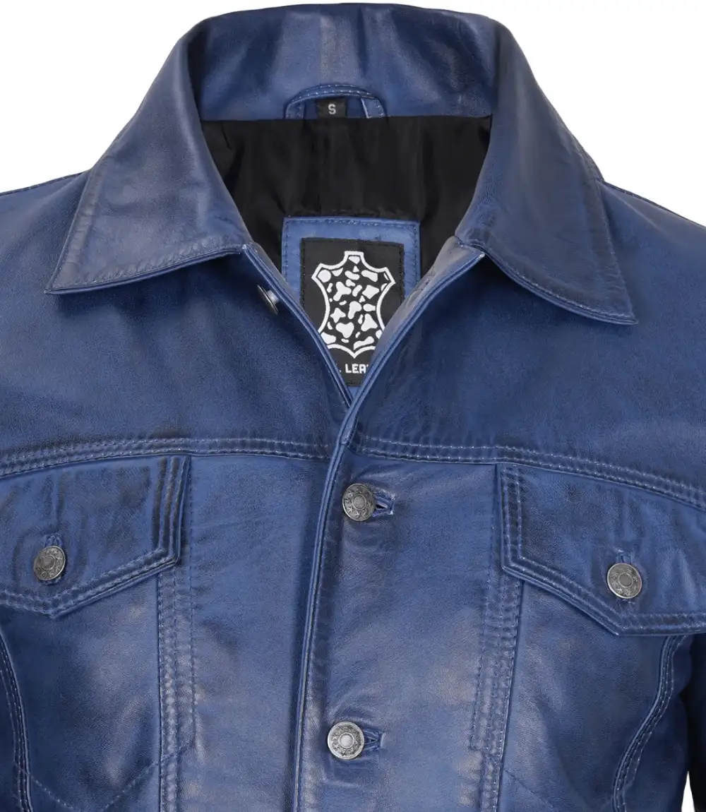 Mens Real Lambskin Leather Blue Trucker Jacket