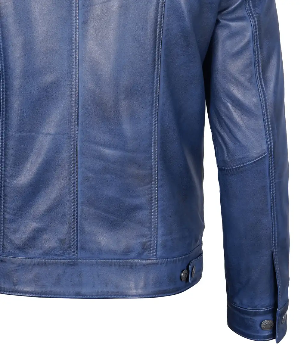 Mens Real Lambskin Leather Blue Trucker Jacket