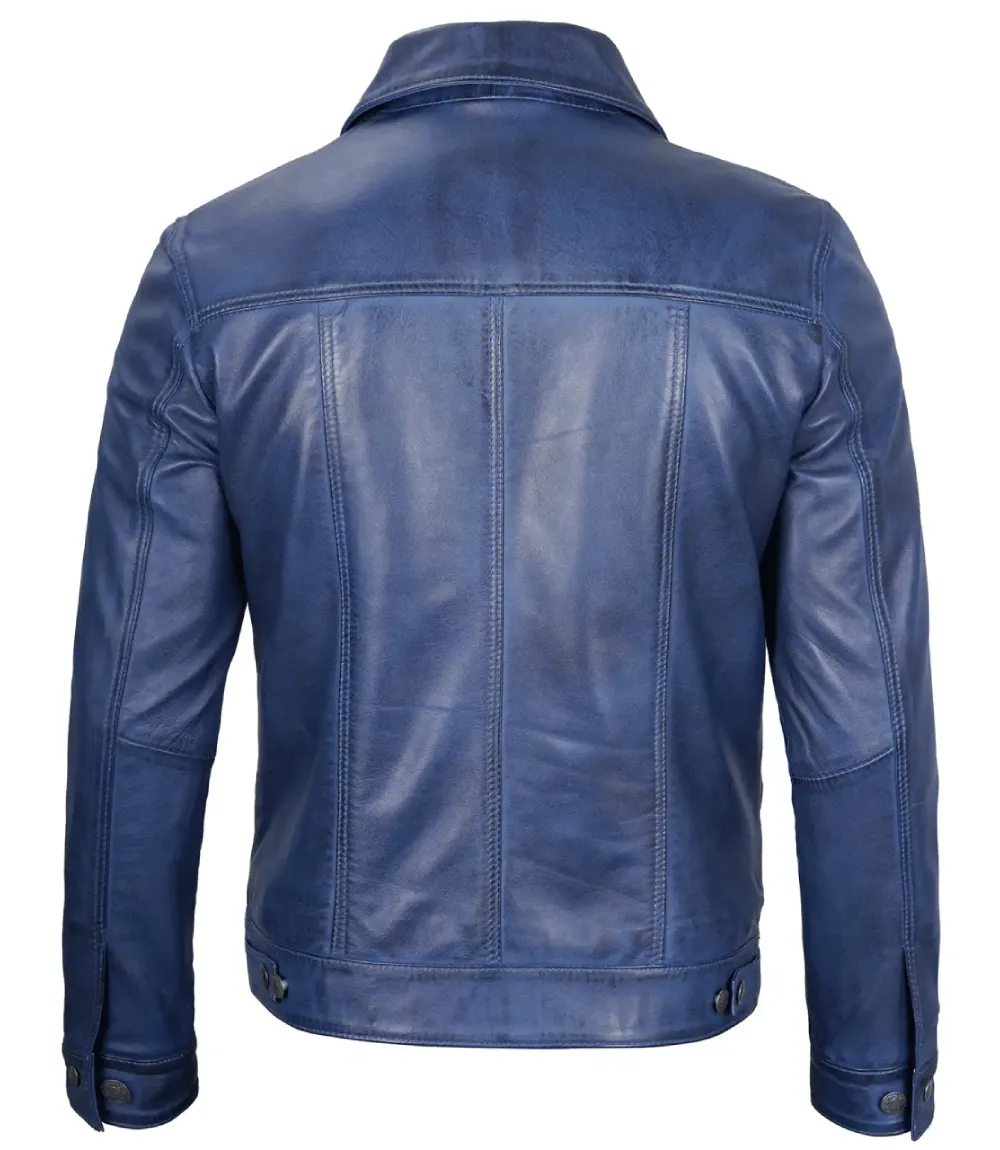 Mens Real Lambskin Leather Blue Trucker Jacket