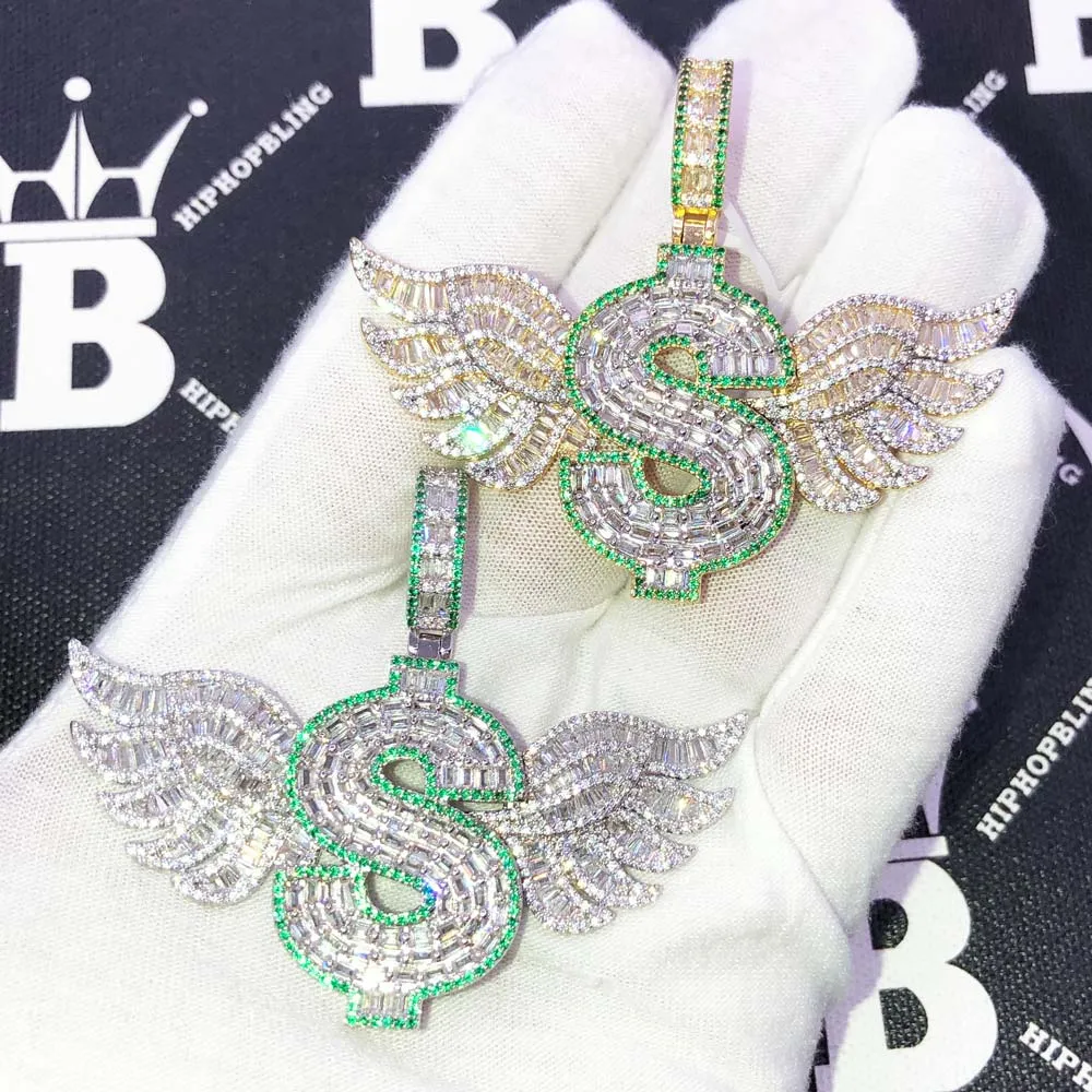 Money Sign Wings Baguette VVS CZ Hip Hop Iced Out Pendant