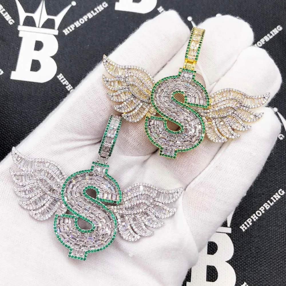 Money Sign Wings Baguette VVS CZ Hip Hop Iced Out Pendant