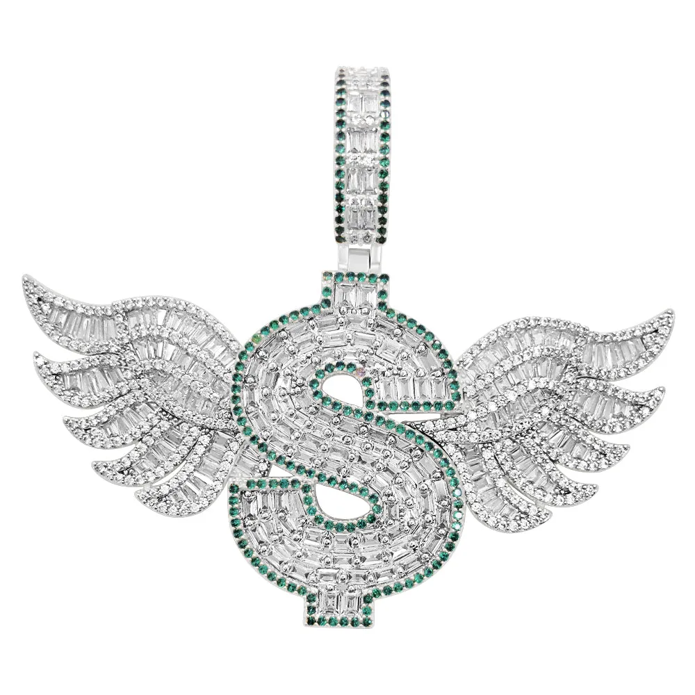 Money Sign Wings Baguette VVS CZ Hip Hop Iced Out Pendant