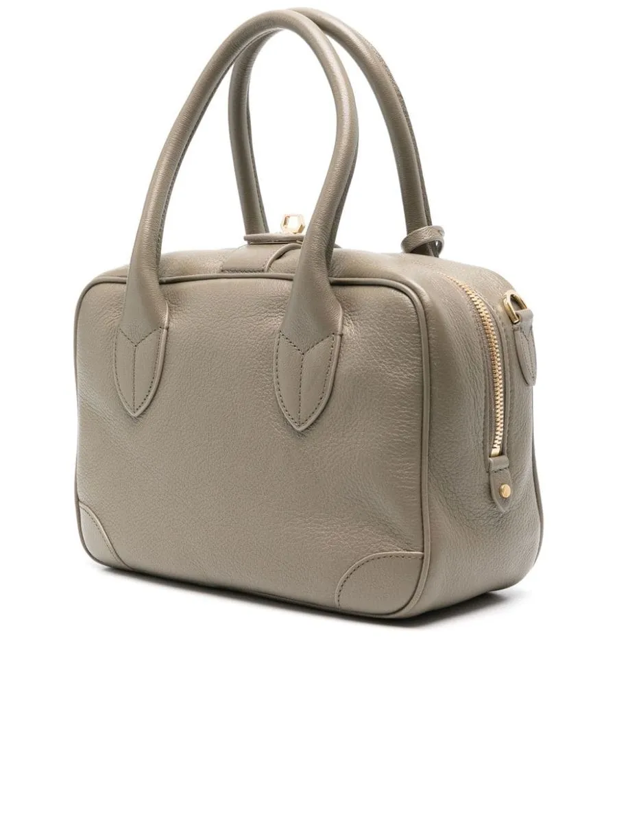 Olive Grained Leather Handbag With Goldtone Hardware